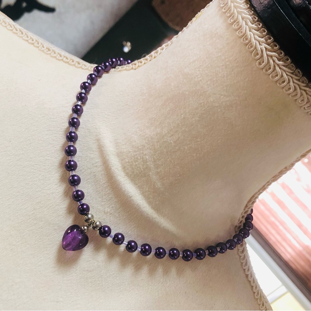 Handcrafted repurpose Purple glass Heart pendant Czech glass Pearl necklace